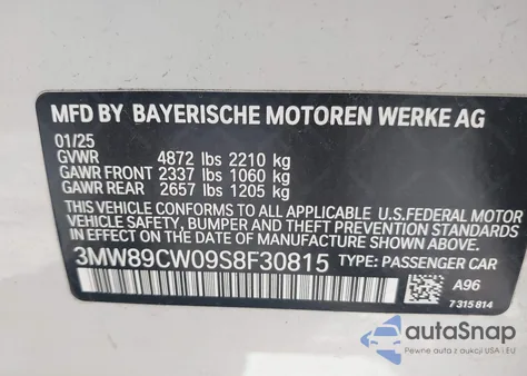 2025 BMW 3 Series 330I xDrive z USA, uszkodzony, nr VIN 3MW89CW09S8F30815